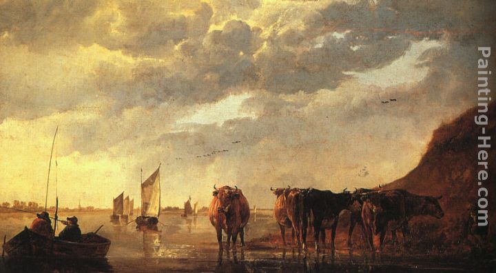 Herdsman with Cows by a River painting - Aelbert Cuyp Herdsman with Cows by a River art painting